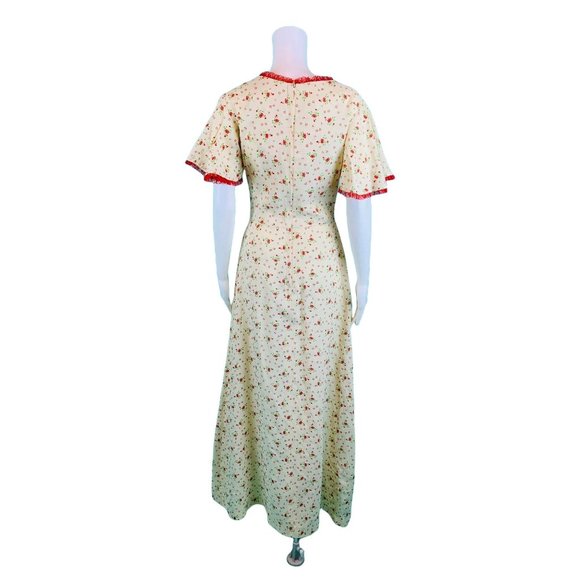 Vintage 70s Maxi Dress Women's Extra Small Red Floral Print Flutter Sleeves - Picture 10 of 10